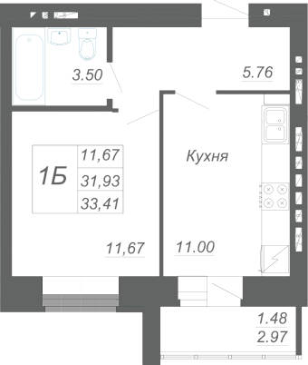 1-комнатная,33.41 м² в ЖК Радужный-2