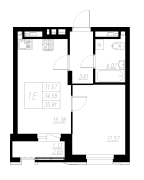 1-комнатная, 35.91м²