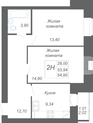 2-комнатная,54.95 м² в ЖК Радужный-2