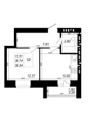 1-комнатная, 38.34м²