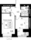 1-комнатная, 33.03м²