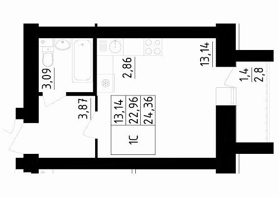 1-комнатная,24.36 м² в ЖК Радужный-2