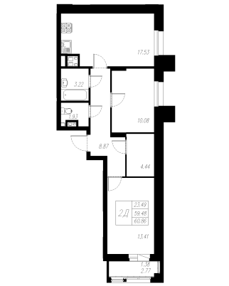 2-комнатная,60.86 м² в ЖК Статный