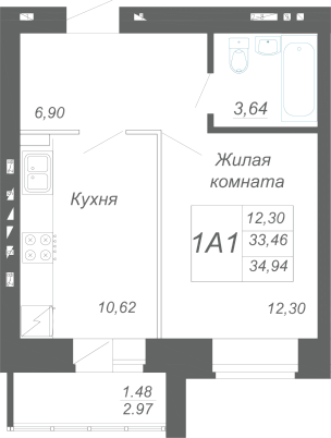 1-комнатная,34.94 м² в ЖК Радужный-2