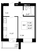 1-комнатная, 34.97м²