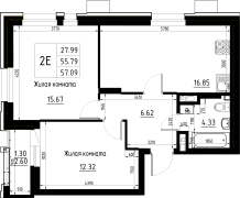 2-комнатная, 57.09м²