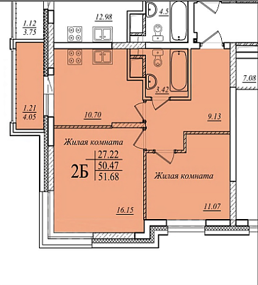 2-комнатная,51.68 м² в ЖК Мечта