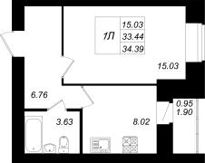 1-комнатная, 34.39м²