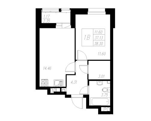 1-комнатная,38.3 м² в ЖК Статный