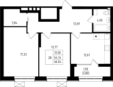 2-комнатная, 49.52м²