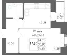 1-комнатная, 34.64м²