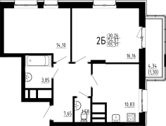 2-комнатная, 55.37м²