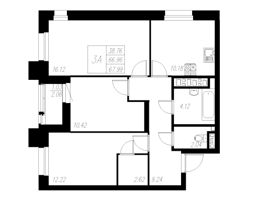 3-комнатная,67.99 м² в ЖК Статный