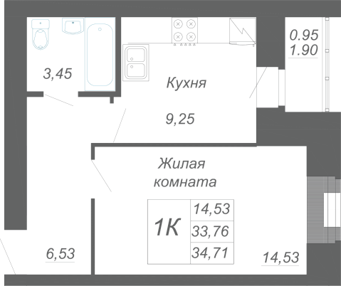 1-комнатная,34.71 м² в ЖК Радужный-2