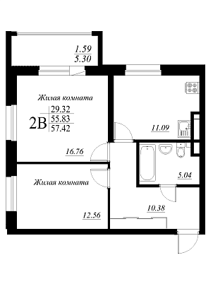2-комнатная,57.42 м² в ЖК Родина