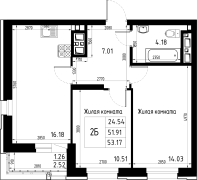 2-комнатная, 53.17м²