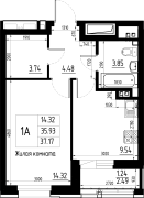 1-комнатная, 37.17м²