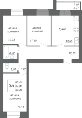 3-комнатная,69.36 м² в ЖК Радужный-2