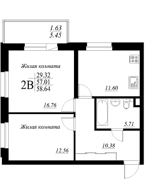 2-комнатная,58.64 м² в ЖК Родина