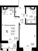 1-комнатная, 37.11м²