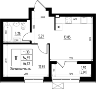 1-комнатная, 36.62м²