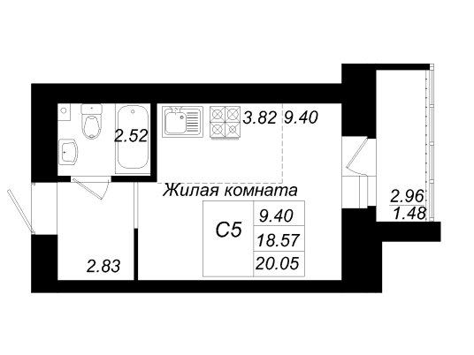 1-комнатная,20.05 м² в ЖК Радужный-2