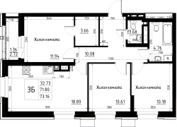 3-комнатная, 73.16м²