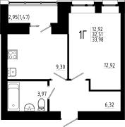 1-комнатная, 33.98м²