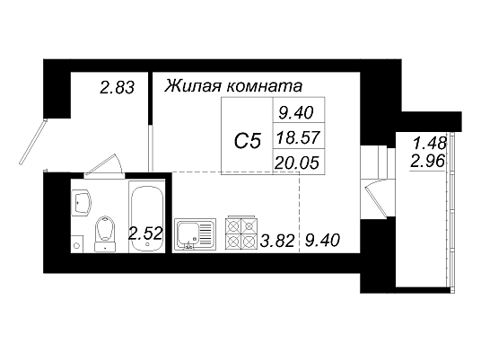 1-комнатная,20.05 м² в ЖК Радужный-2