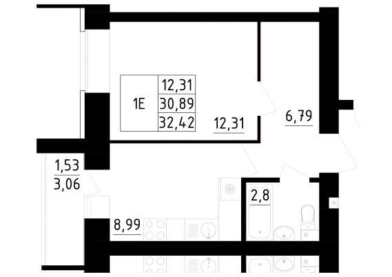 1-комнатная,32.42 м² в ЖК Радужный-2