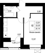 1-комнатная, 34.14м²