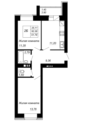 2-комнатная,51.78 м² в ЖК Радужный-2