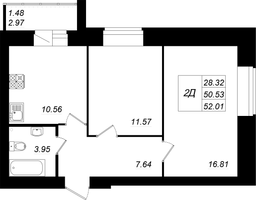 2-комнатная,52.01 м² в ЖК Радужный-2