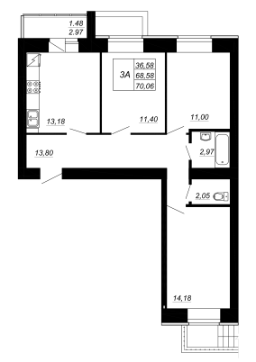 3-комнатная,70.06 м² в ЖК Радужный-2