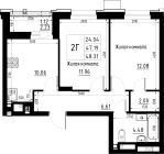 2-комнатная, 48.31м²