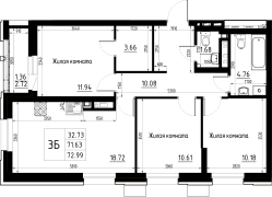 3-комнатная, 72.99м²