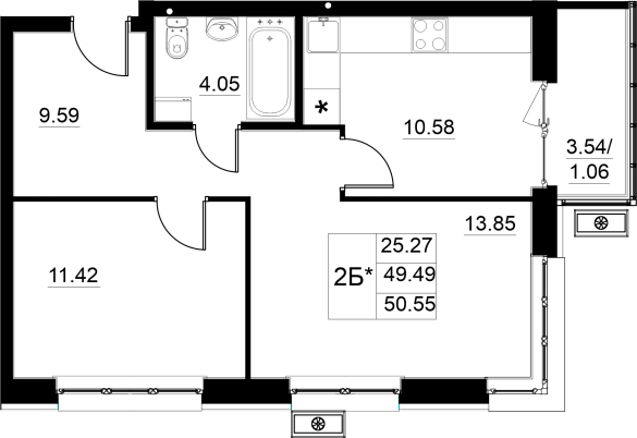2-комнатная,50.55 м² в ЖК Династия