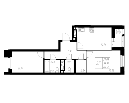 2-комнатная,56.08 м² в ЖК Статный