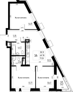 3-комнатная, 71.77м²