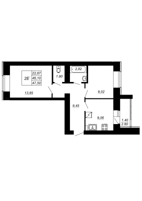 2-комнатная,47.5 м² в ЖК Радужный-2