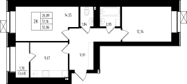 2-комнатная, 52.86м²