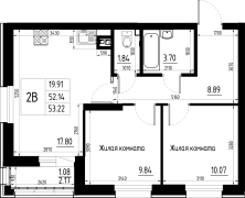 2-комнатная, 53.22м²