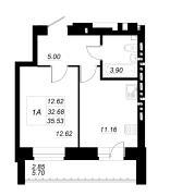 1-комнатная, 35.53м²