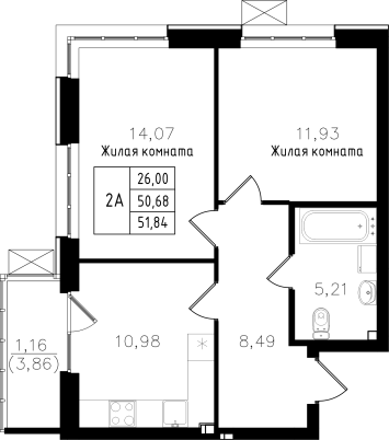 2-комнатная,51.84 м² в ЖК Династия