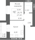 1-комнатная, 27.22м²