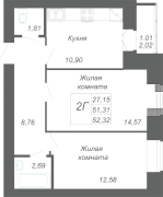 2-комнатная, 52.32м²