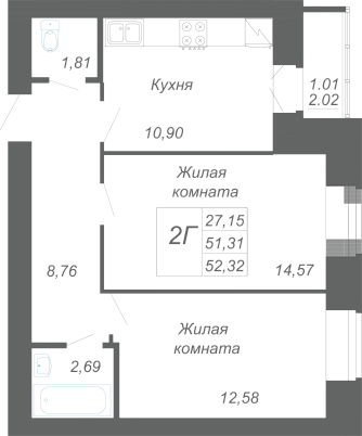 2-комнатная,52.32 м² в ЖК Радужный-2