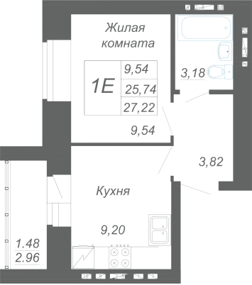 1-комнатная,27.22 м² в ЖК Радужный-2