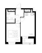 1-комнатная, 35.39м²