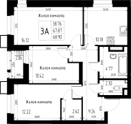 3-комнатная, 68.9м²